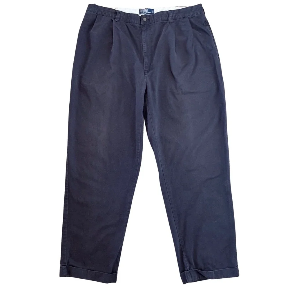 Polo Ralph Lauren Hammond Pant Mens 42/31 Navy Blue Pleated Cuffed Cotton Chinos